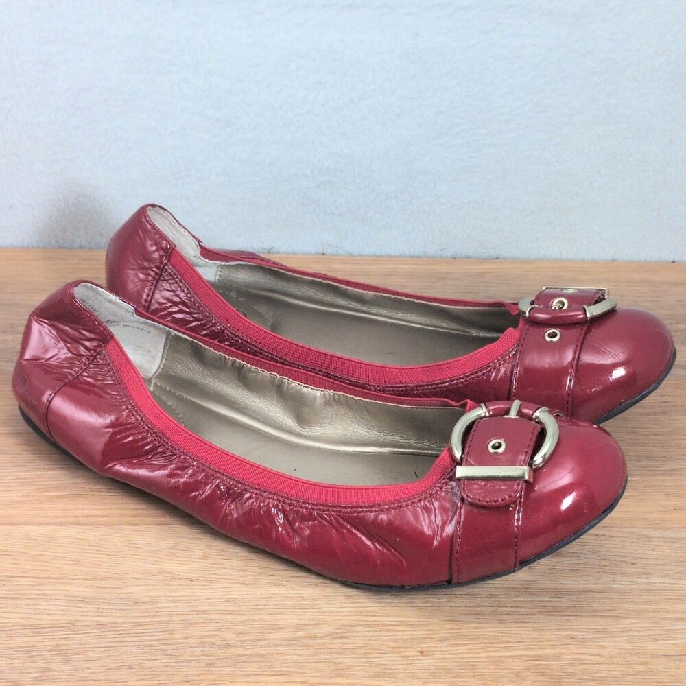 Me Too Women’s Slip-On Shoes Size 10 Red Ballet Patent Flats Gold Buckle Rascal
